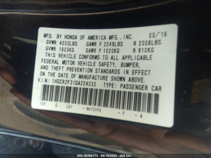2016 HONDA ACCORD SEDAN LX - 1HGCR2F31GA224030