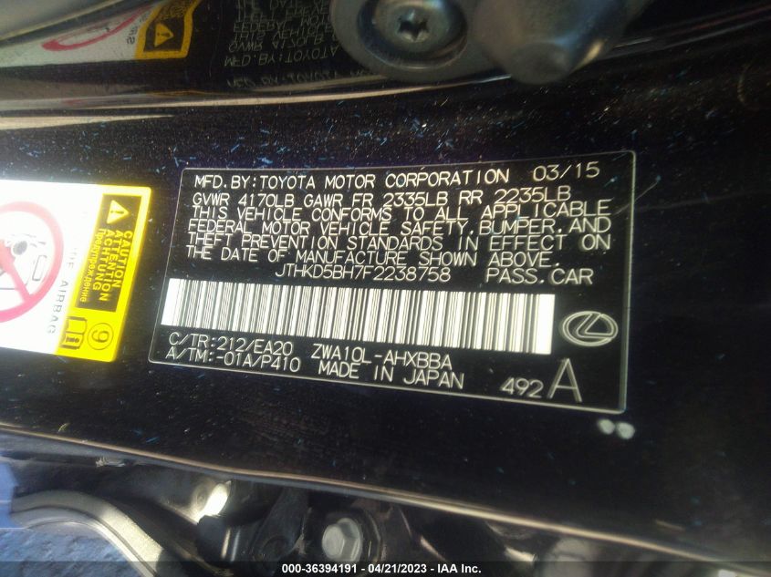 2015 LEXUS CT 200H HYBRID - JTHKD5BH7F2238758