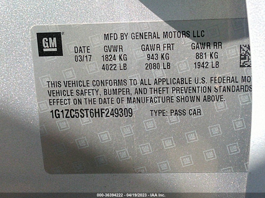 VIN 1G1ZC5ST6HF249309 2017 CHEVROLET MALIBU LS