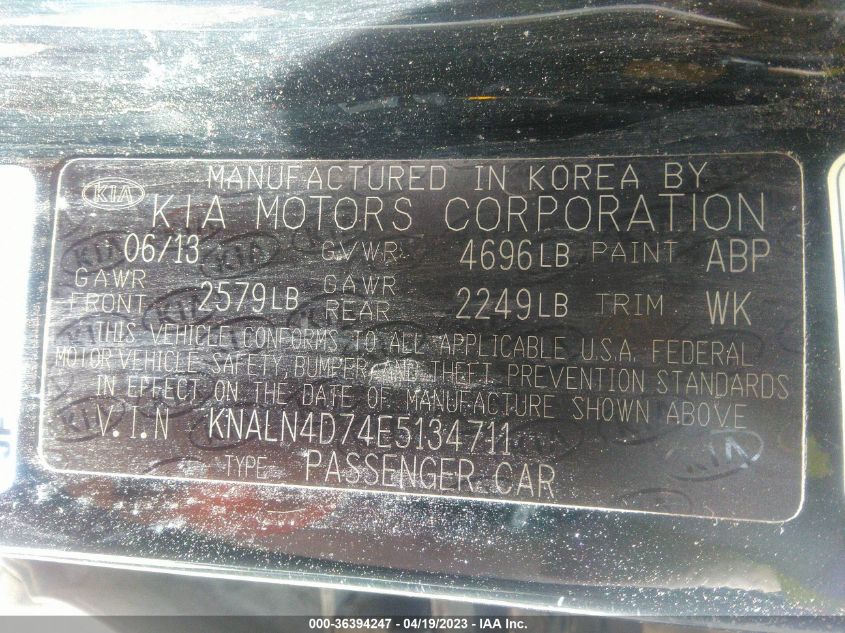 2014 KIA CADENZA PREMIUM KNALN4D74E5134711
