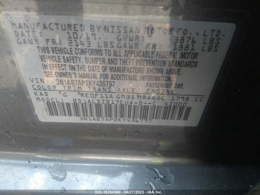 VIN 3N1AB7AP2KY436797 2019 NISSAN SENTRA SV