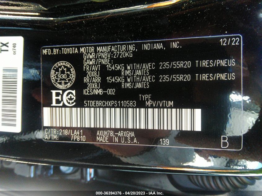 2023 TOYOTA HIGHLANDER HYBRID LIMITED - 5TDEBRCHXPS110583