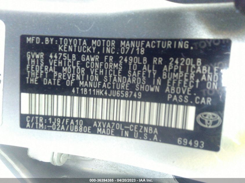 2018 TOYOTA CAMRY LE/SE/XLE/L - 4T1B11HK4JU658749