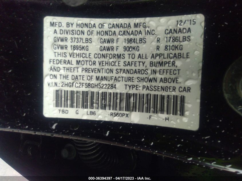 2016 HONDA CIVIC SEDAN LX - 2HGFC2F58GH522284