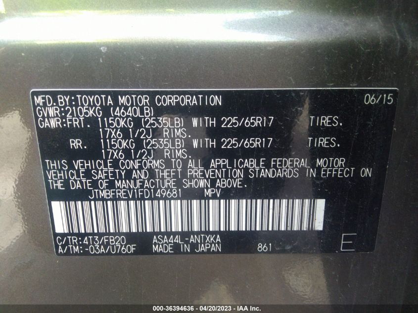 2015 TOYOTA RAV4 LE - JTMBFREV1FD149681