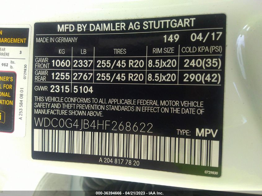 2017 MERCEDES-BENZ GLC GLC 300 - WDC0G4JB4HF268622
