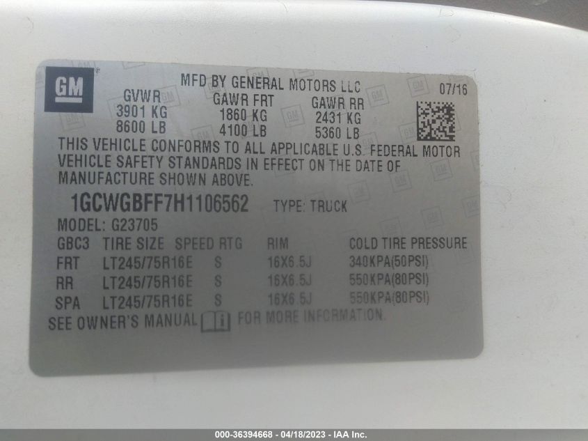 2017 CHEVROLET EXPRESS CARGO VAN - 1GCWGBFF7H1106562