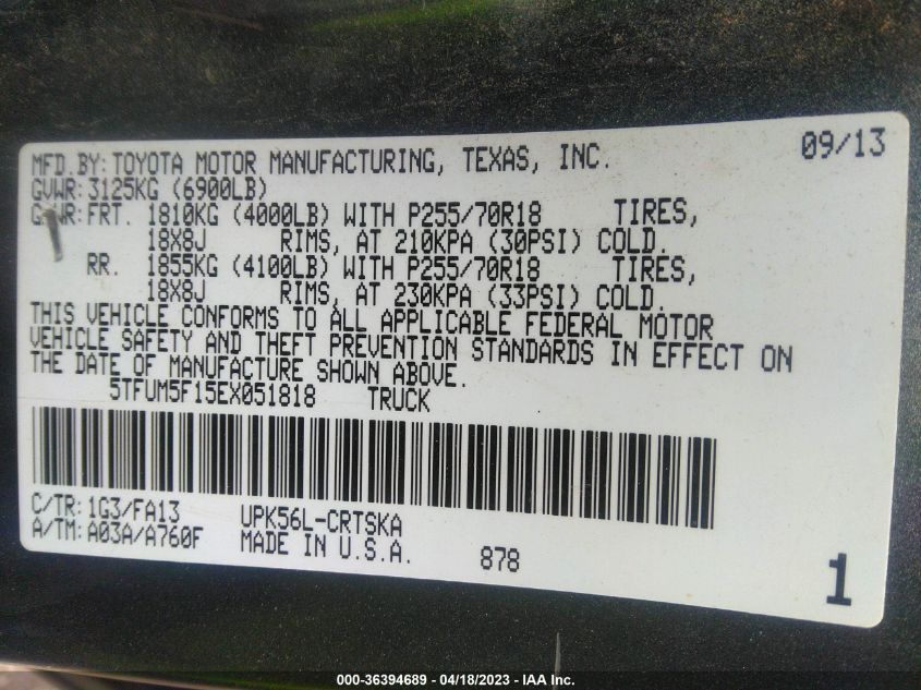2014 TOYOTA TUNDRA 4WD TRUCK SR/SR5 - 5TFUM5F15EX051818