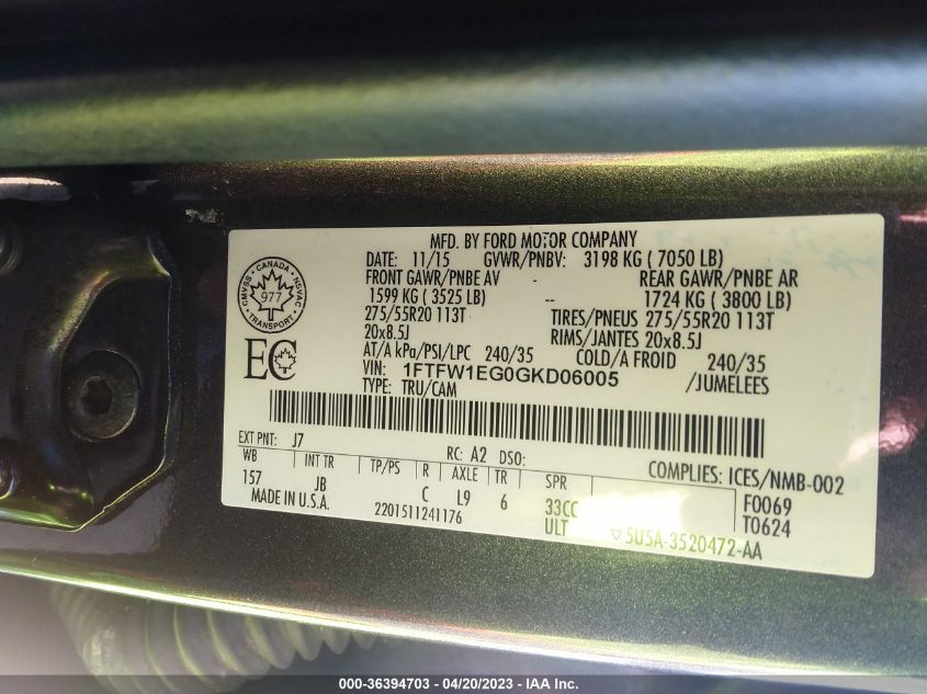 2016 FORD F-150 XLT/XL/LARIAT/PLATINUM - 1FTFW1EG0GKD06005