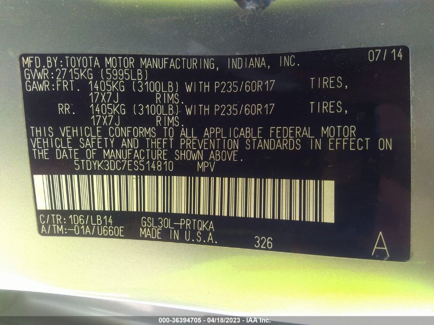 2014 TOYOTA SIENNA XLE/XLE AAS/LTD - 5TDYK3DC7ES514810