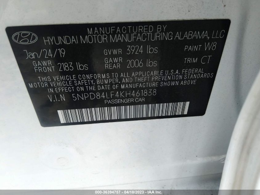2019 HYUNDAI ELANTRA SEL/VALUE/LIMITED - 5NPB84LF4K8461838
