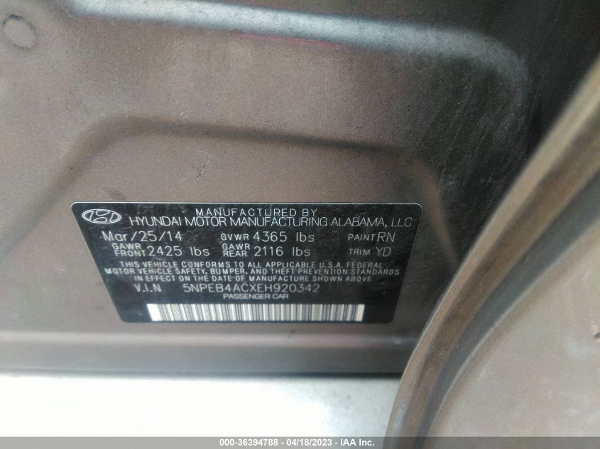 2014 HYUNDAI SONATA GLS - 5NPEB4ACXEH920342