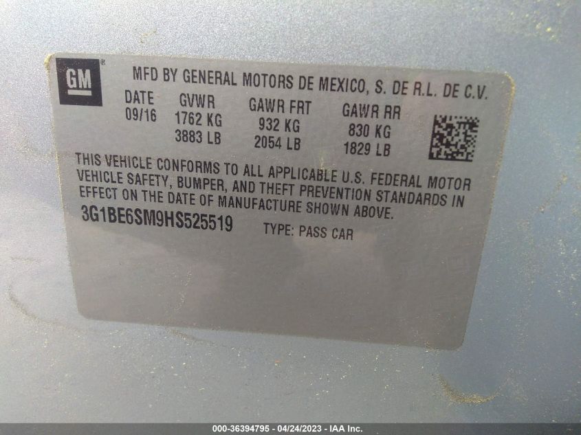 2017 CHEVROLET CRUZE LT - 3G1BE6SM9HS525519