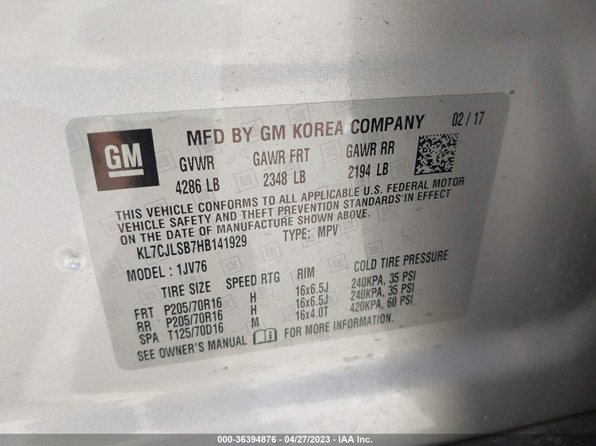 VIN KL7CJLSB7HB141929 2017 CHEVROLET TRAX LT