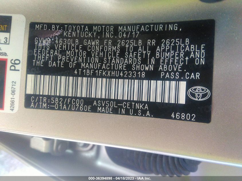 2017 TOYOTA CAMRY XLE/SE/LE/XSE - 4T1BF1FKXHU423318