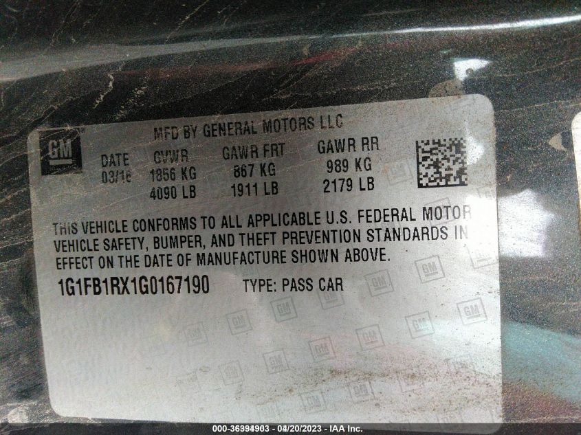 2016 CHEVROLET CAMARO 1LT - 1G1FB1RX1G0167190