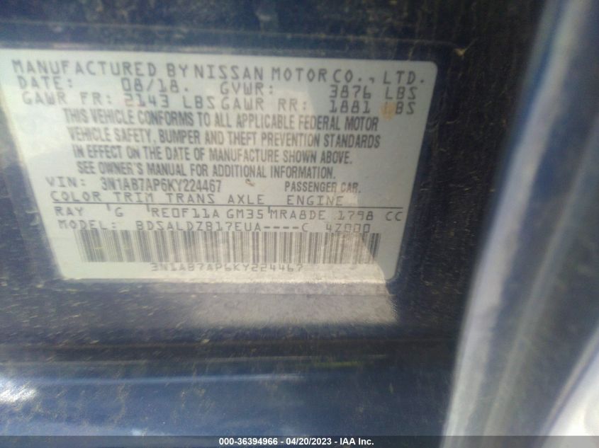 2019 NISSAN SENTRA SV - 3N1AB7AP6KY224467