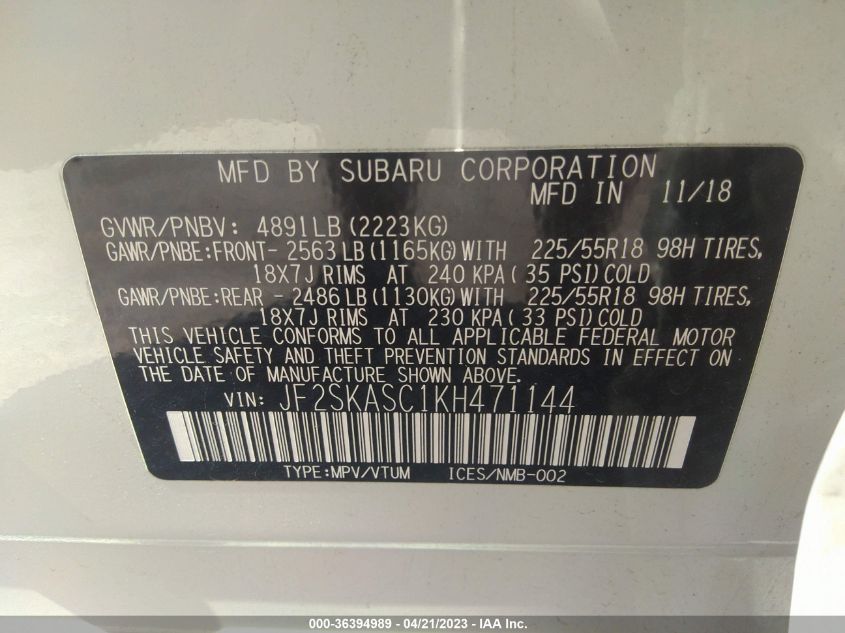 2019 SUBARU FORESTER LIMITED - JF2SKASC1KH471144