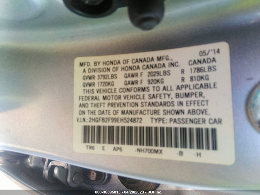 2014 HONDA CIVIC EX-L - 2HGFB2F99EH524872