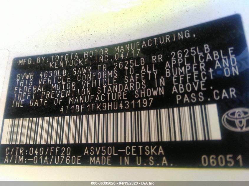 2017 TOYOTA CAMRY XLE/SE/LE/XSE - 4T1BF1FK9HU431197