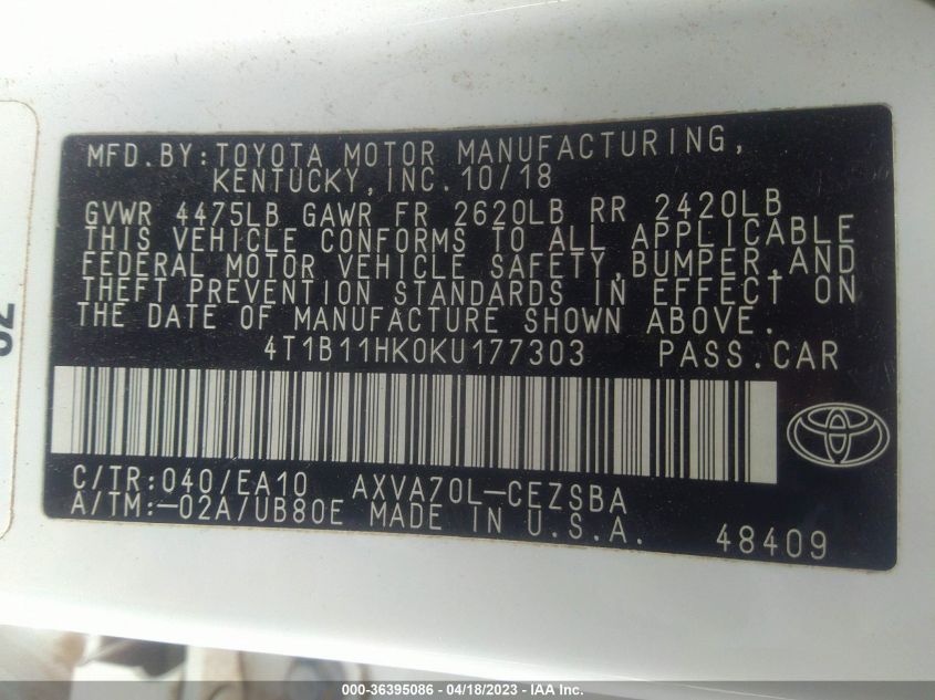 2019 TOYOTA CAMRY LE/SE/XLE/L - 4T1B11HK0KU177303