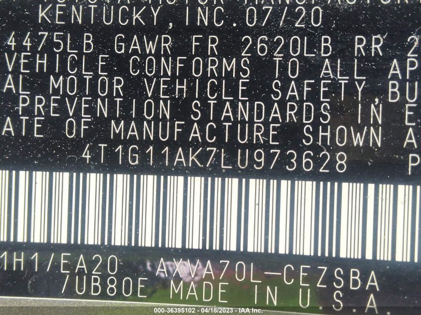 2020 TOYOTA CAMRY SE - 4T1G11AK7LU973628