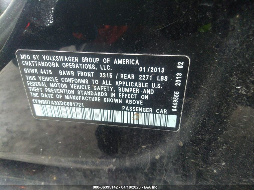 2013 VOLKSWAGEN PASSAT SE W/SUNROOF - 1VWBH7A3XDC091721