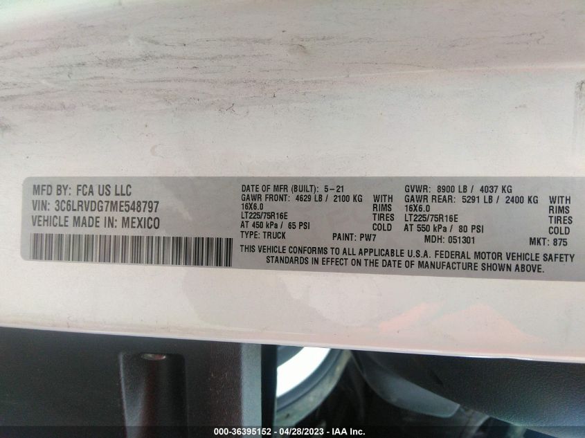 2021 RAM PROMASTER CARGO VAN - 3C6LRVDG7ME548797