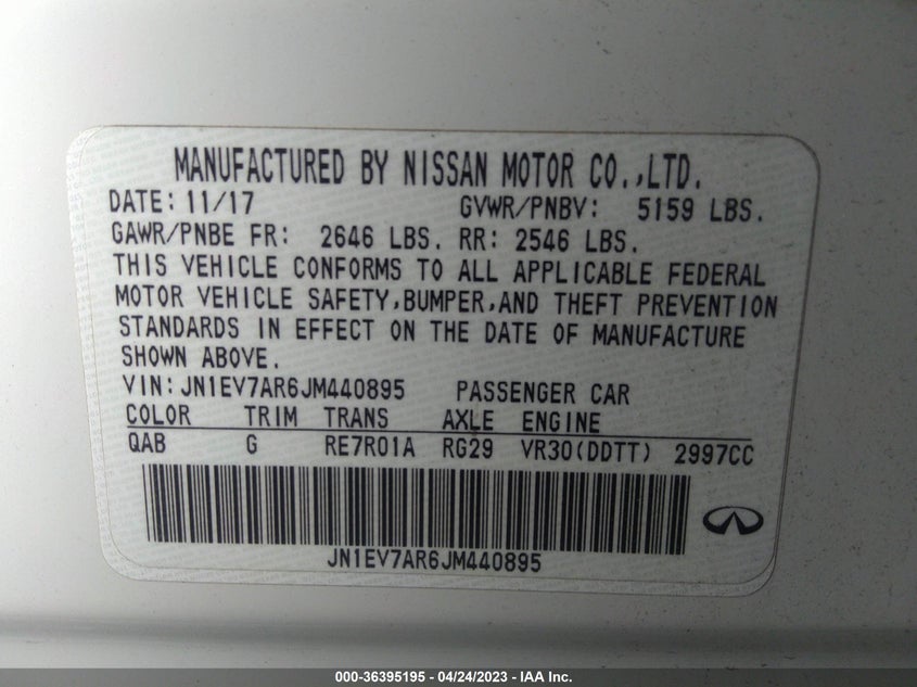 VIN JN1EV7AR6JM440895 2018 INFINITI Q50 3.0T SPORT