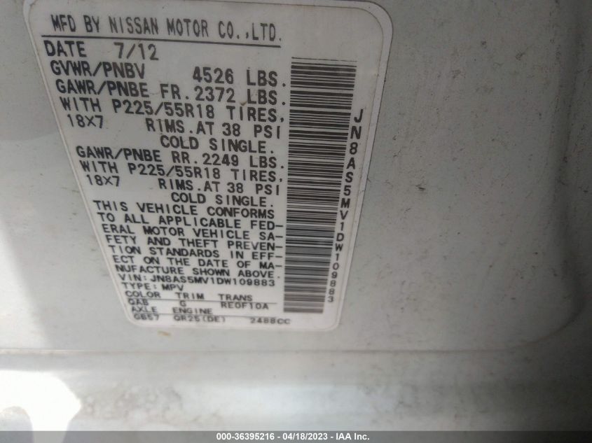 2013 NISSAN ROGUE SL - JN8AS5MV1DW109883