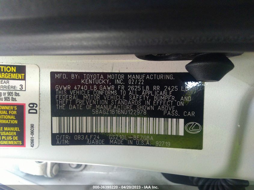 2022 LEXUS ES ES 350 F SPORT - 58AGZ1B16NU122978