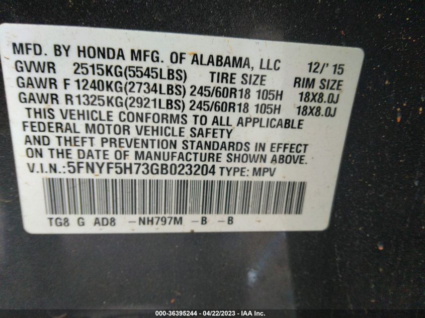 2016 HONDA PILOT EX-L - 5FNYF5H73GB023204