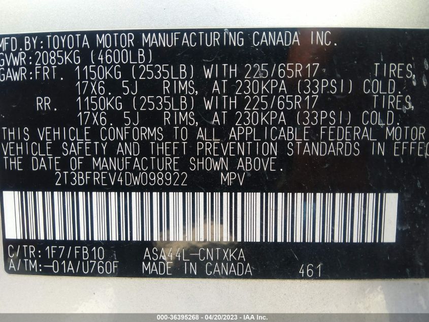 2013 TOYOTA RAV4 LE - 2T3BFREV4DW098922