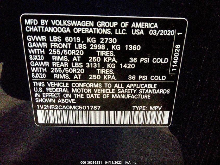 2021 VOLKSWAGEN ATLAS 3.6L V6 SE W/TECHNOLOGY - 1V2HR2CA0MC501787