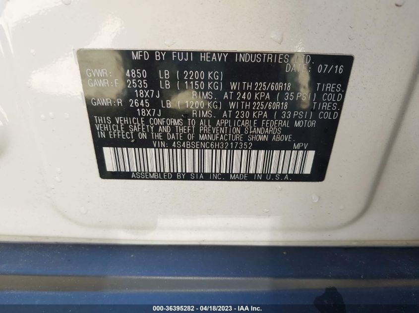 2017 SUBARU OUTBACK LIMITED - 4S4BSENC6H3217352
