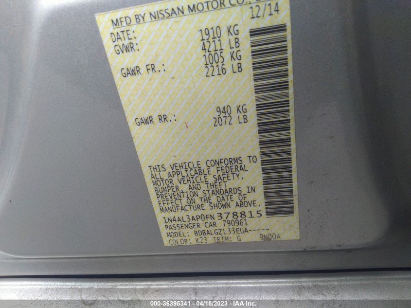 2015 NISSAN ALTIMA 2.5 S - 1N4AL3AP0FN378815