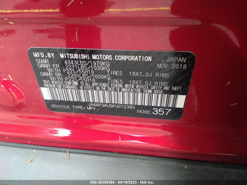 2019 MITSUBISHI OUTLANDER SPORT 2.0 - JA4AP3AU5KU012380