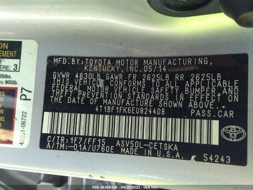 2014 TOYOTA CAMRY L/LE/XLE/SE/SE SPORT - 4T1BF1FK6EU824408