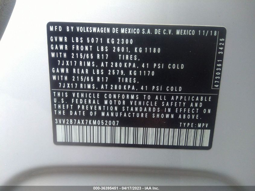 2019 VOLKSWAGEN TIGUAN SE/SEL/SEL R-LINE - 3VV2B7AX7KM052007