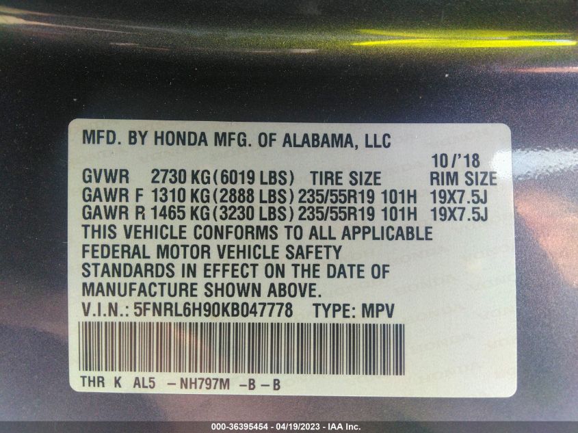 2019 HONDA ODYSSEY ELITE - 5FNRL6H90KB047778