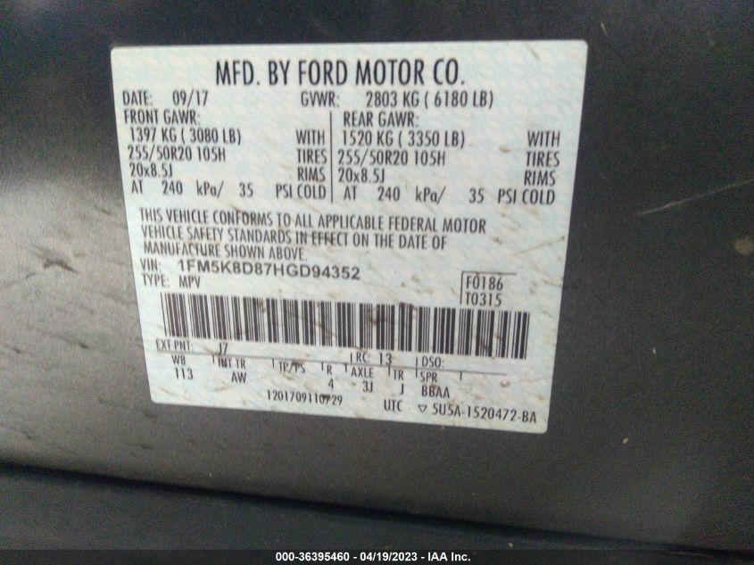 2017 FORD EXPLORER XLT - 1FM5K8D87HGD94352