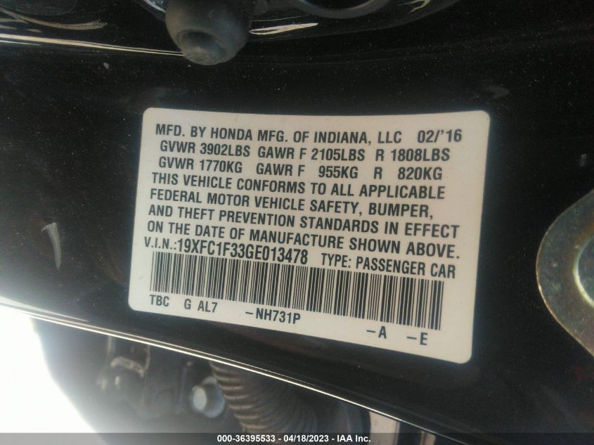 2016 HONDA CIVIC SEDAN EX-T - 19XFC1F33GE013478