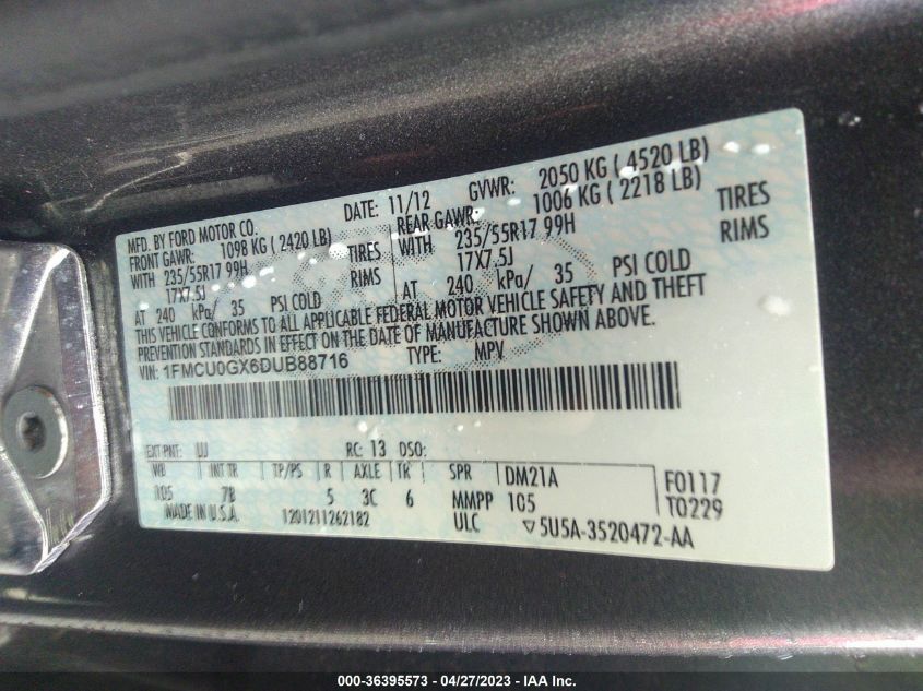 VIN 1FMCU0GX6DUB88716 2013 FORD ESCAPE no.9