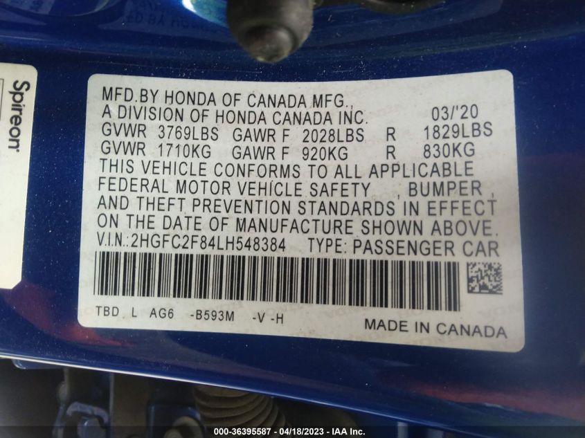 2020 HONDA CIVIC SEDAN SPORT - 2HGFC2F84LH548384