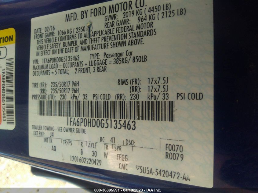 2016 FORD FUSION SE - 1FA6P0HD0G5135463