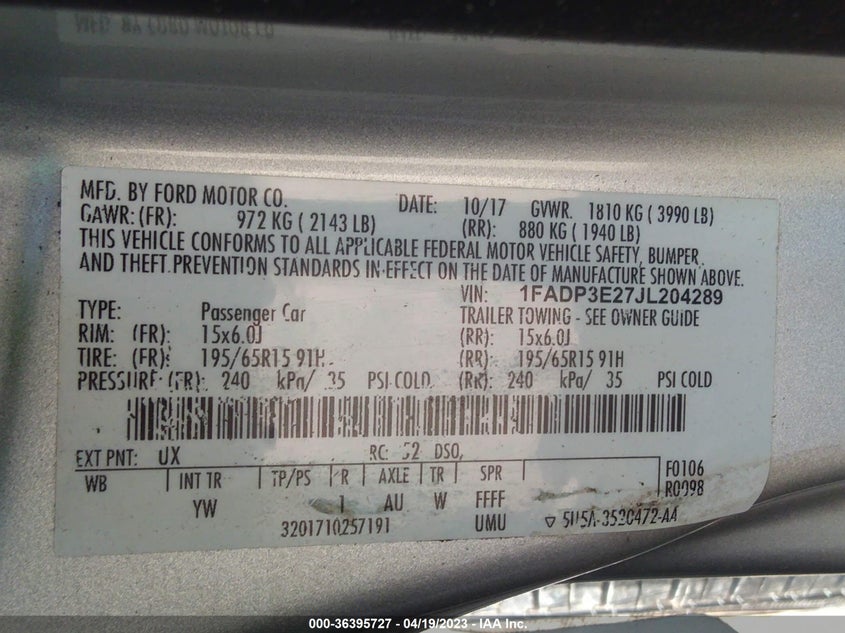 VIN 1FADP3E27JL204289 2018 FORD FOCUS S