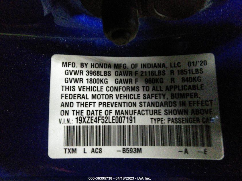 2020 HONDA INSIGHT EX 19XZE4F52LE007191