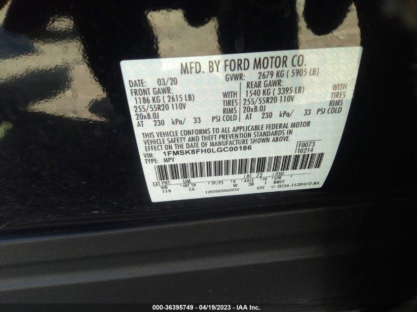 2020 FORD EXPLORER LIMITED - 1FMSK8FH0LGC00186