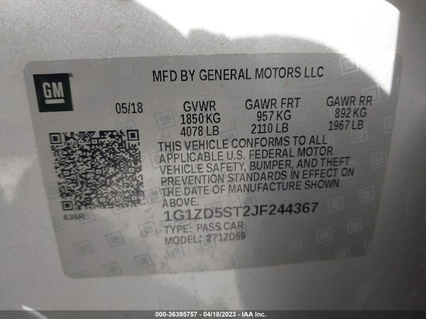 2018 CHEVROLET MALIBU LT - 1G1ZD5ST2JF244367