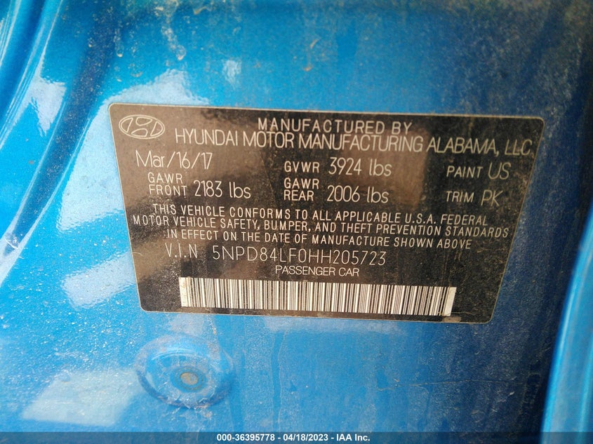 VIN 5NPD84LF0HH205723 2017 HYUNDAI ELANTRA SE